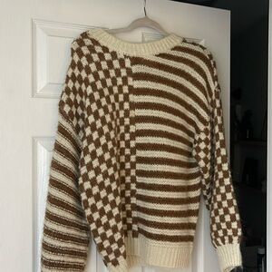 Checkered + striped brown/cream sweater. Size Medium. NWT
